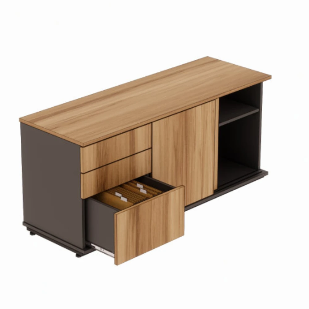 Armário credenza com 2 gavetas e 1 gavetão com porta de correr dupla Level